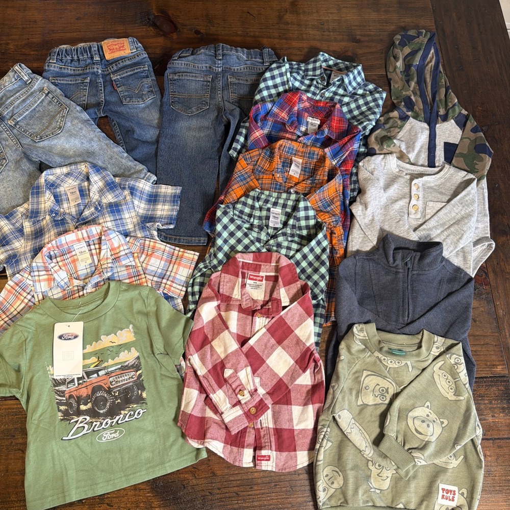 Boys 18M Clothing Lot 15pc Carters Levis Wrangler Ford Disney Jeans Shirts